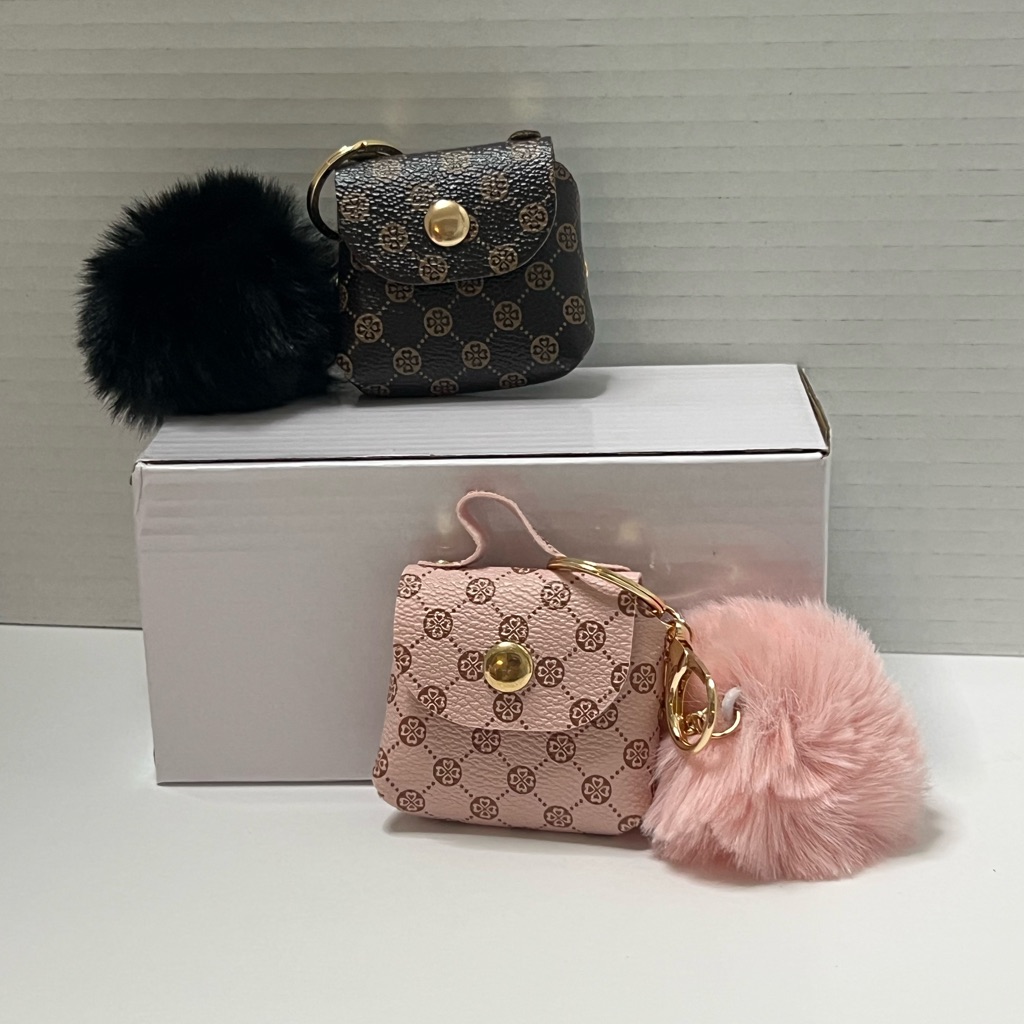 Stylish Pink And Black Mini Bag Set With Pom Poms Keychains